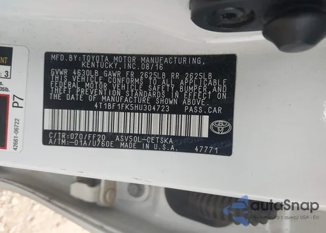 2017 Toyota Camry Se from USA, damaged, VIN 4T1BF1FK5HU304723